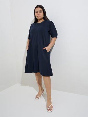 Gia Navy Solid Cotton A-Line Dress