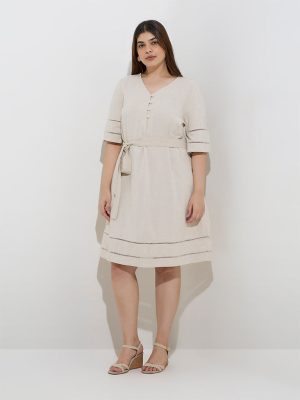Gia Beige Cotton-Blend A-Line Dress with Belt