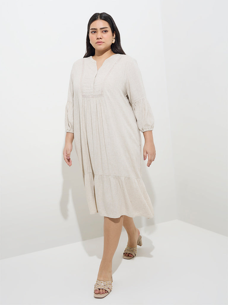 Gia Beige Crochet-Detailed Cotton A-Line Dress