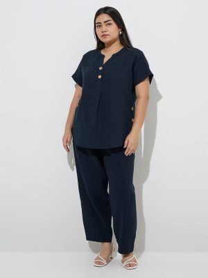 Gia Navy Solid High-Rise Cotton Pants