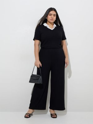 Gia Black Ribbed-Textured High-Rise Trousers
