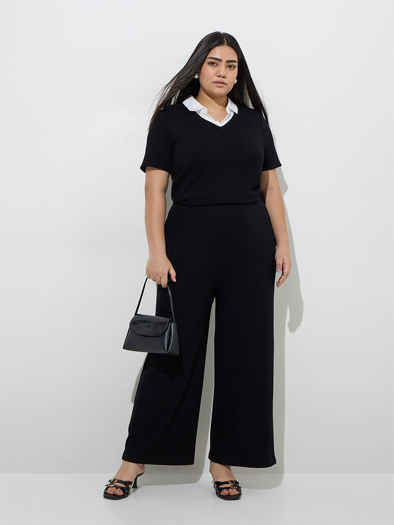 Gia Black Ribbed-Textured High-Rise Trousers