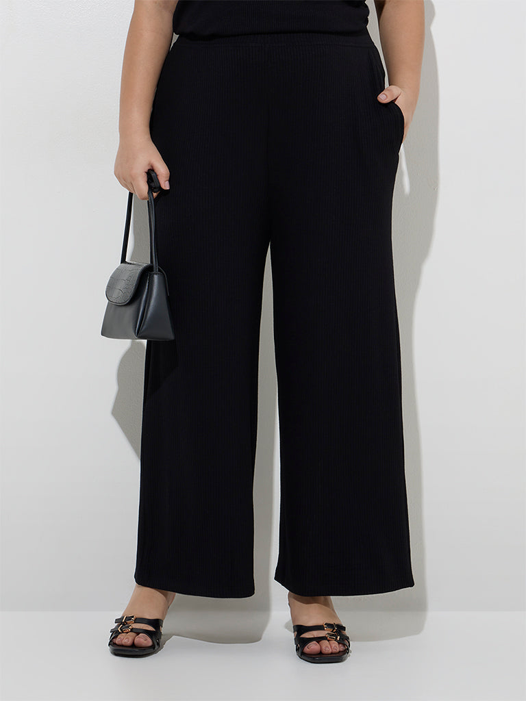 Gia Black Ribbed-Textured High-Rise Trousers - Image 3