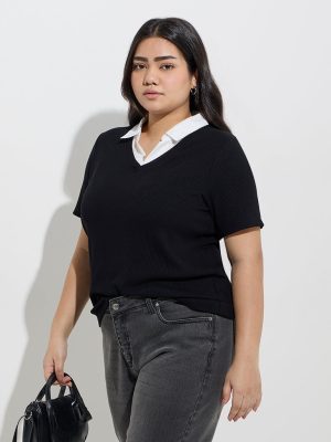 Gia Black Ribbed-Textured Collared T-Shirt