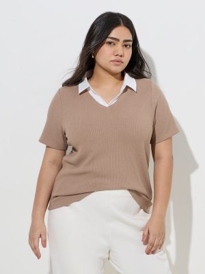 Gia Taupe Ribbed-Textured Collared T-Shirt