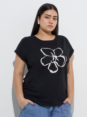 Gia Black Floral Embroidered Cotton T-Shirt