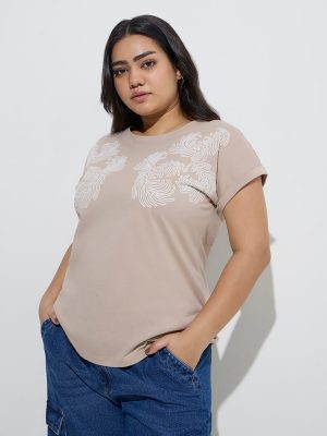 Gia Beige Leaf Design Cotton T-Shirt