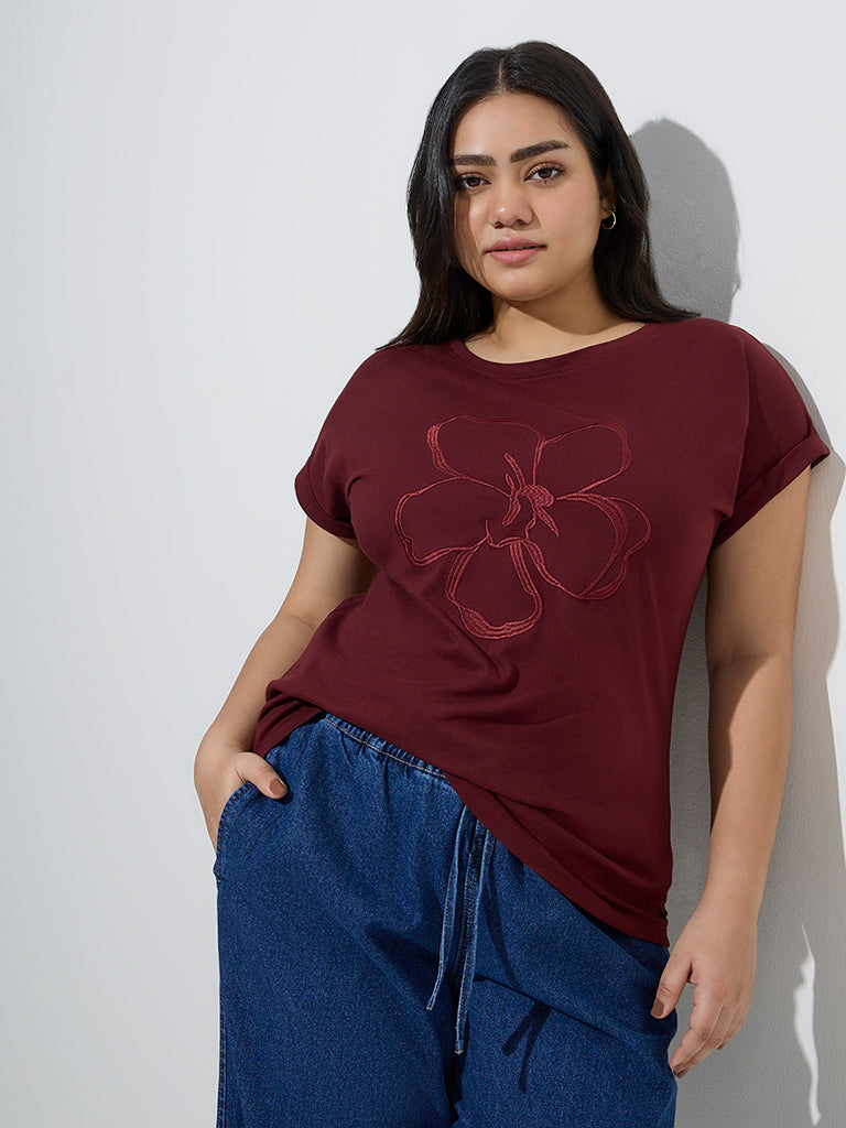 Gia Burgundy Floral Embroidered Cotton T-Shirt