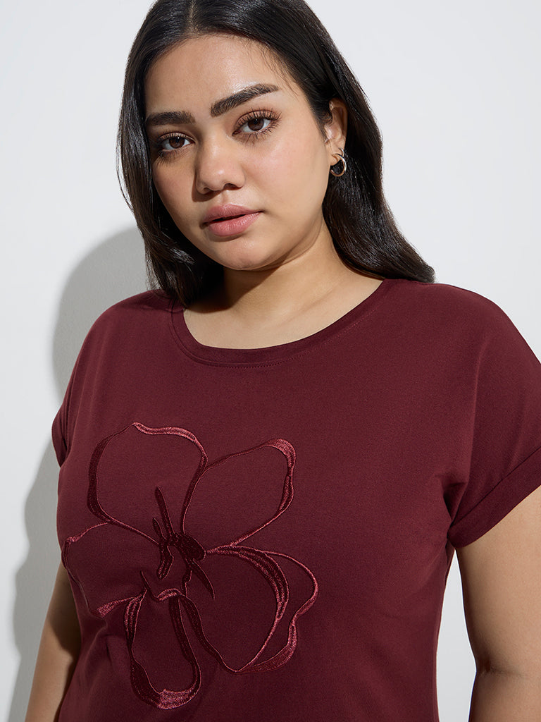 Gia Burgundy Floral Embroidered Cotton T-Shirt - Image 2
