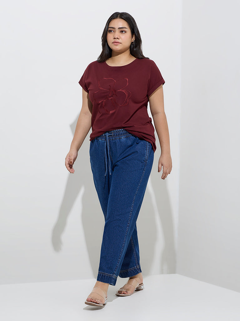 Gia Burgundy Floral Embroidered Cotton T-Shirt - Image 3