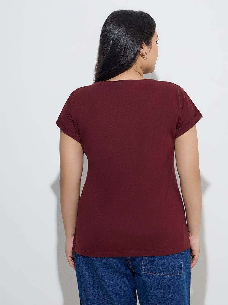 Gia Burgundy Floral Embroidered Cotton T-Shirt - Image 4