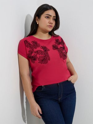 Gia Dark Pink Embroidered Cotton T-Shirt