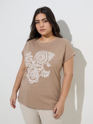 Gia Beige Floral Embroidered Cotton T-Shirt