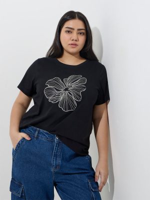 Gia Black Floral Embroidered Cotton T-Shirt