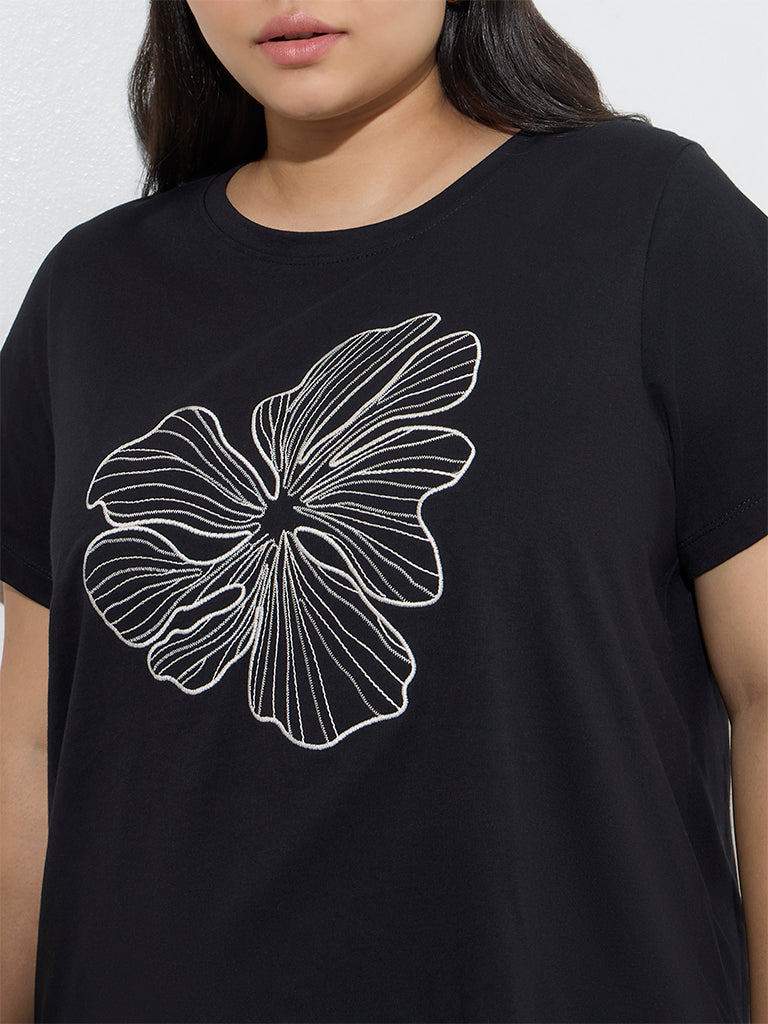 Gia Black Floral Embroidered Cotton T-Shirt - Image 2