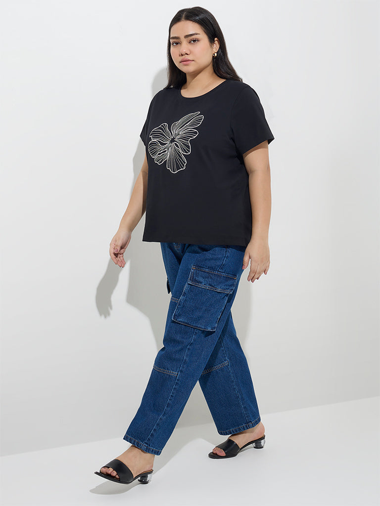 Gia Black Floral Embroidered Cotton T-Shirt - Image 3