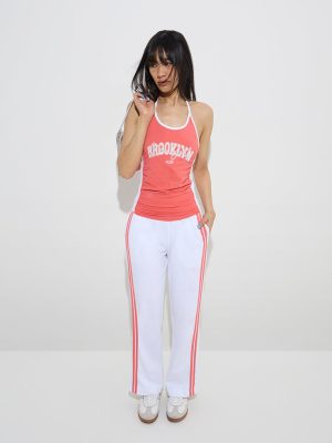 Studiofit White Striped High-Rise Cotton Track Pants