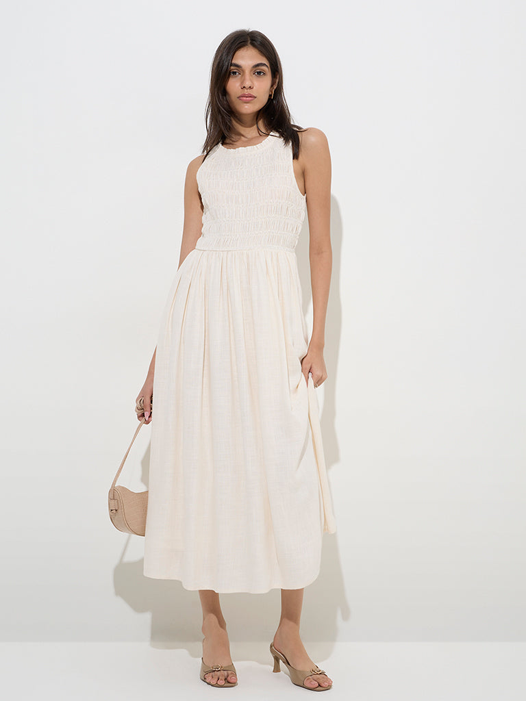 LOV Off-White Smocked A-Line Dress