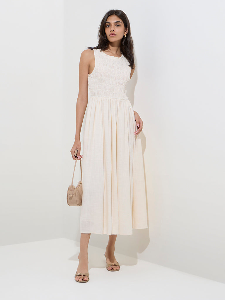 LOV Off-White Smocked A-Line Dress - Image 3