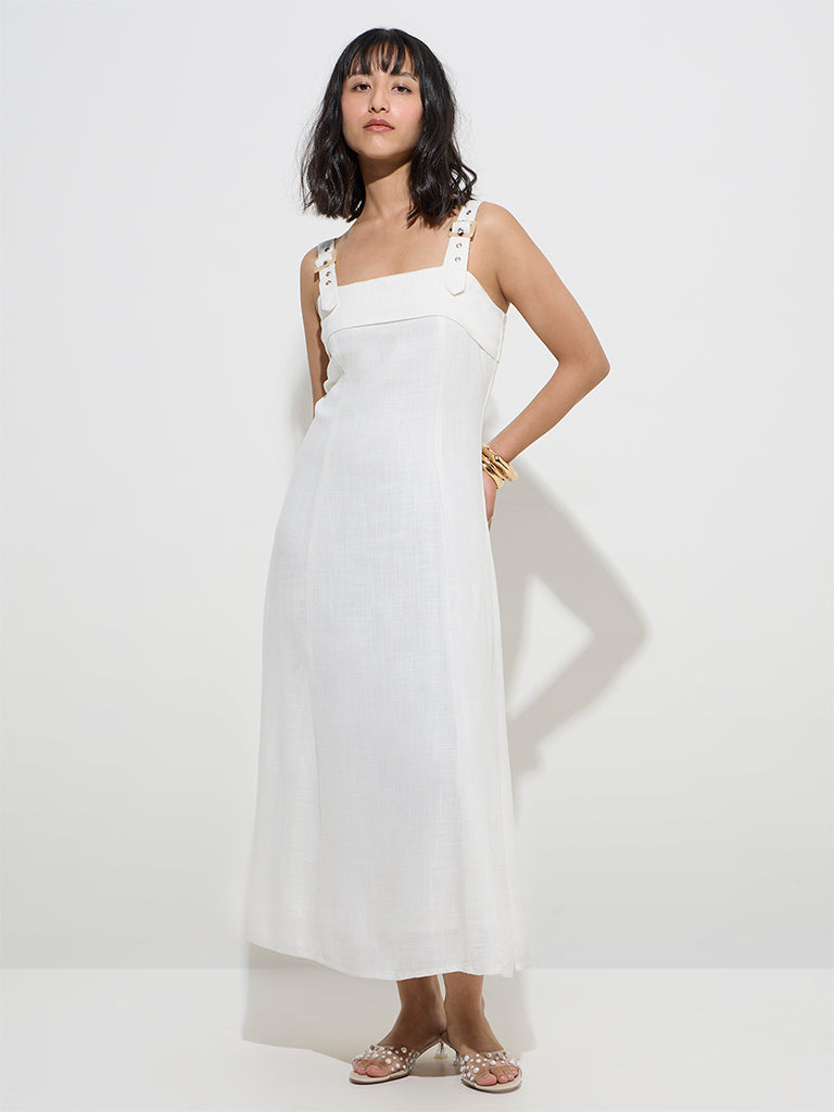LOV Off-White Solid Cotton-Blend A-Line Dress - Image 2