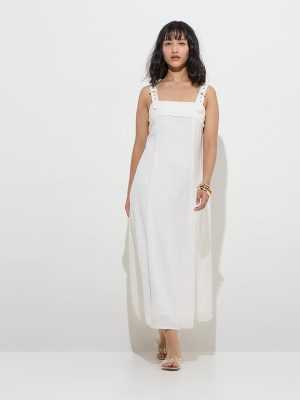LOV Off-White Solid Cotton-Blend A-Line Dress