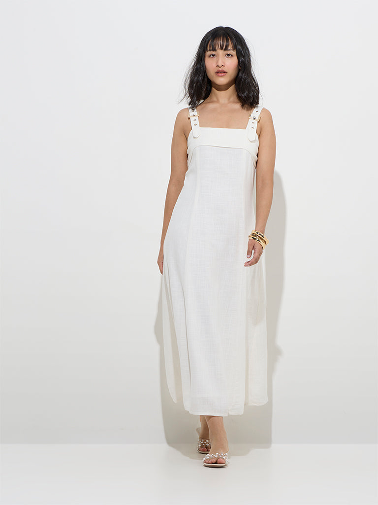 LOV Off-White Solid Cotton-Blend A-Line Dress