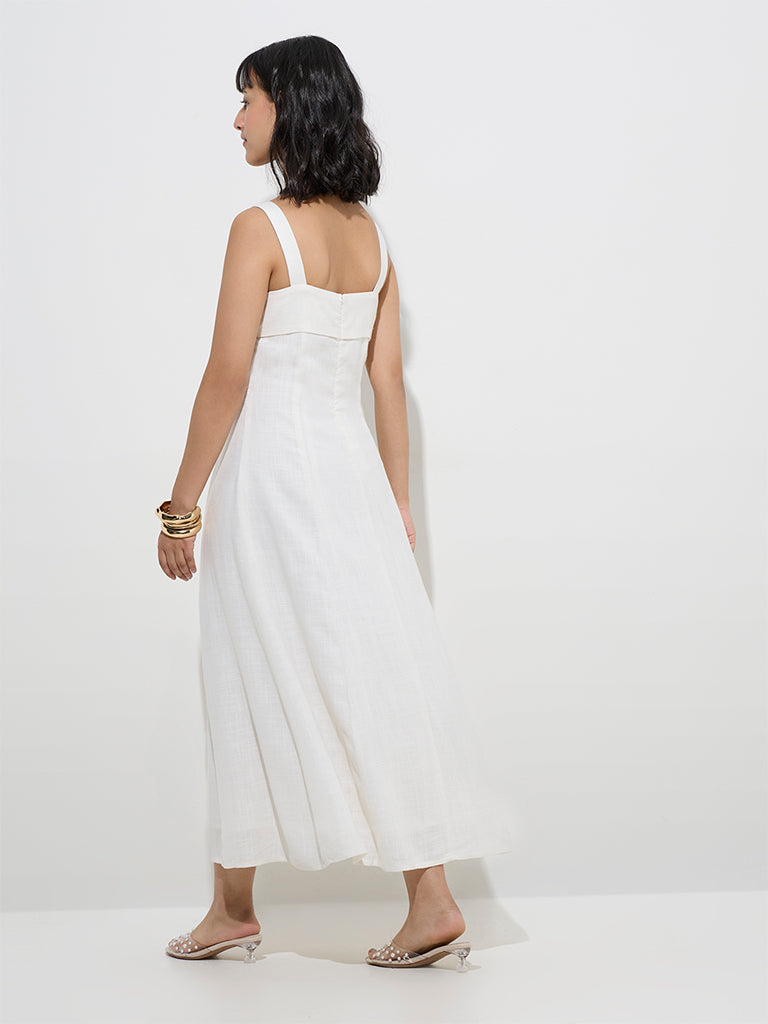 LOV Off-White Solid Cotton-Blend A-Line Dress - Image 4
