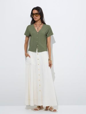 LOV Olive Crinkle-Textured Top