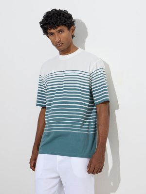 WES Lounge Teal Striped Relaxed-Fit Cotton-Blend T-Shirt