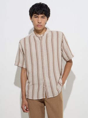 ETA Brown Stripe Printed Relaxed-Fit Cotton Shirt