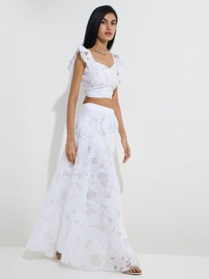 Vark White Floral Design Cotton-Blend Skirt