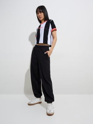 Studiofit Black Ribbed High-Rise Cotton-Blend Joggers