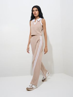Studiofit Beige Striped High-Rise Cotton-Blend Track Pants