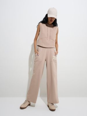 Studiofit Beige Printed High-Rise Cotton Track Pants