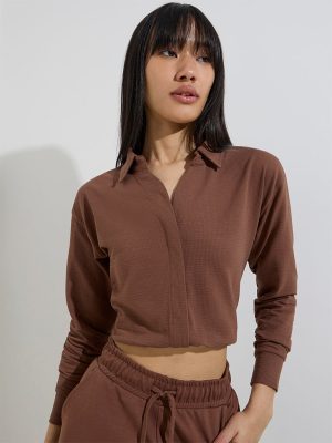 Studiofit Brown Textured Cotton-Blend Top