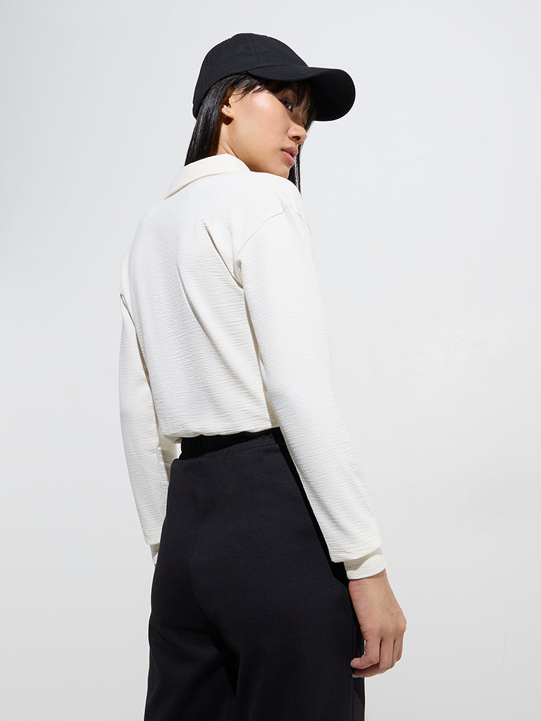 Studiofit Off-White Self-Textured Cotton-Blend Top - Image 4