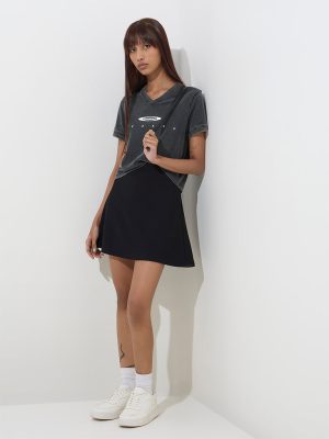 Studiofit Charcoal Text Printed Cotton T-Shirt