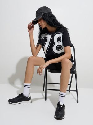 Studiofit Black Numerical-Printed Cotton T-Shirt