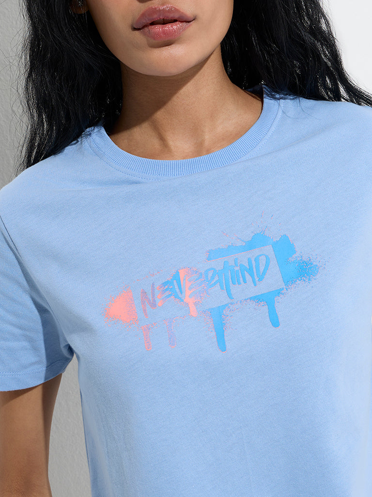 Studiofit Blue Printed Cotton T-Shirt - Image 2