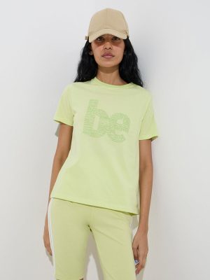 Studiofit Lime Text Printed Cotton T-Shirt