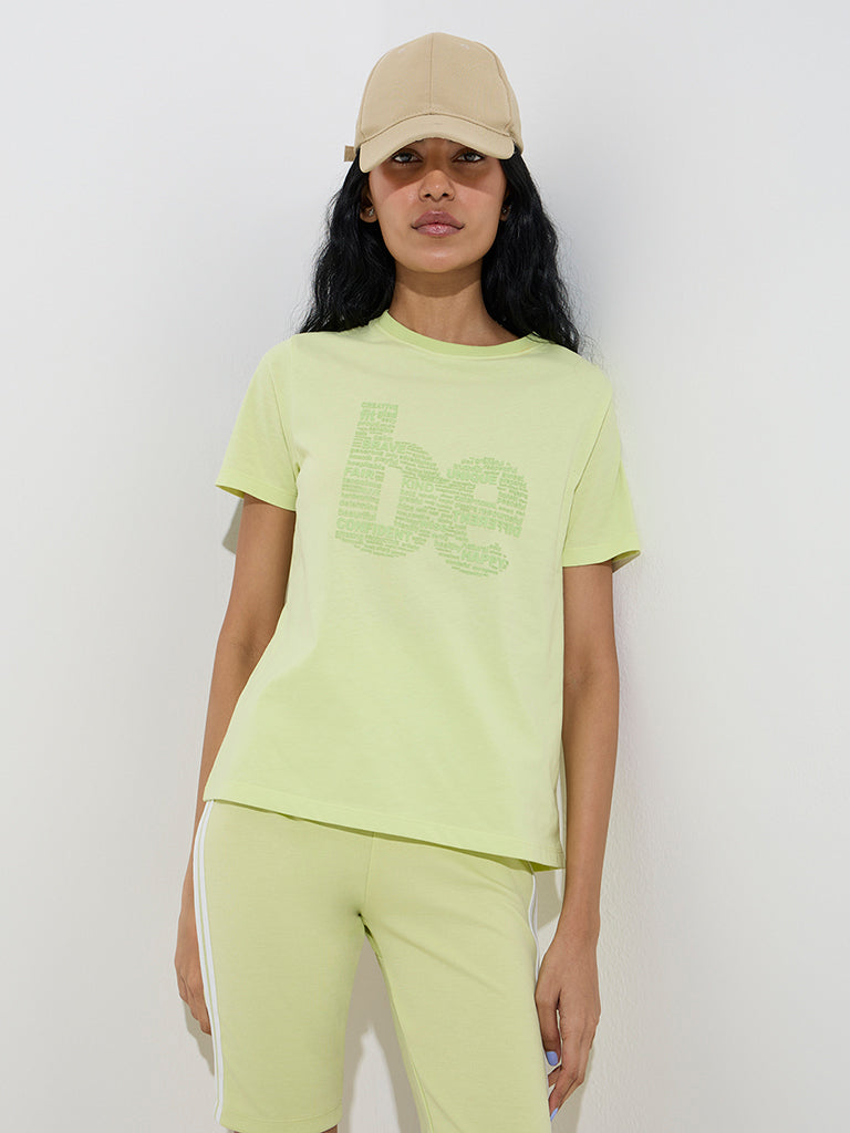 Studiofit Lime Text Printed Cotton T-Shirt