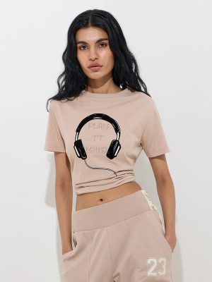 Studiofit Light Beige Headphone Printed Cotton T-Shirt