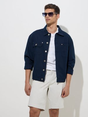 WES Casuals Navy Solid Relaxed-Fit Cotton Jacket