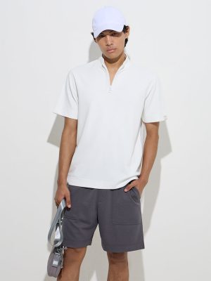 Studiofit White Solid Quarter Zip Cotton-Blend T-Shirt