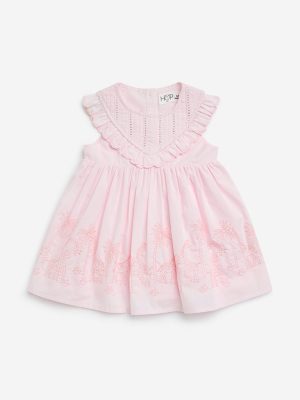 HOP Baby Pink Embroidered Cotton A-Line Dress