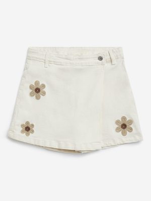 Y&F Kids Off-White Floral Embroidered High-Rise Denim Skort