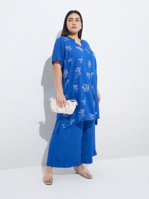 Diza Blue Botanical Embroidered High-Low Kurta