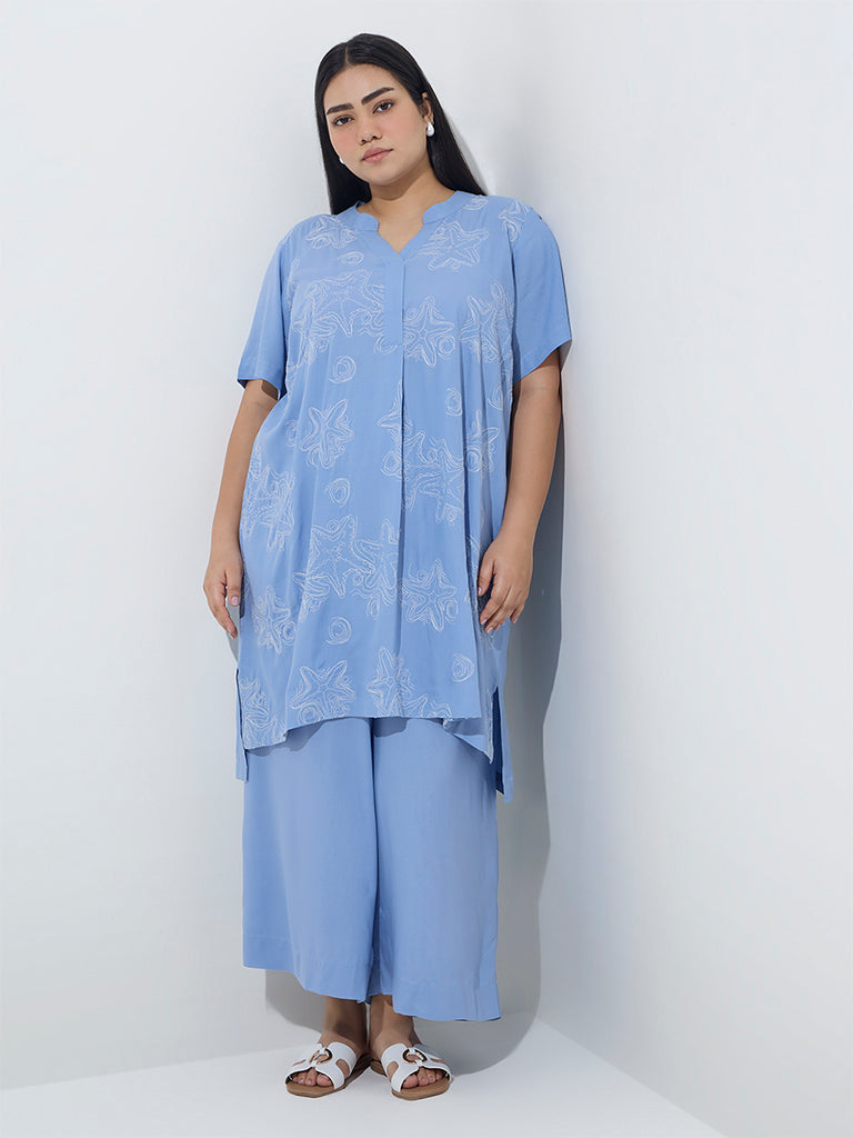 Diza Light Blue Embroidered High-Low Kurta