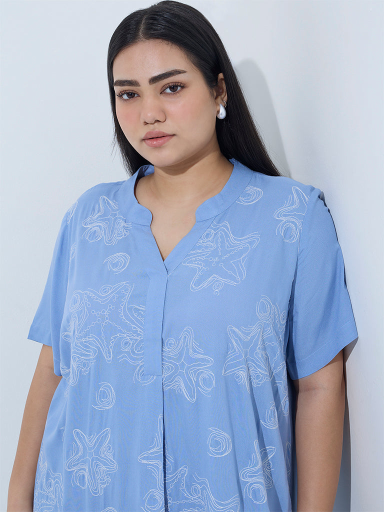 Diza Light Blue Embroidered High-Low Kurta - Image 2