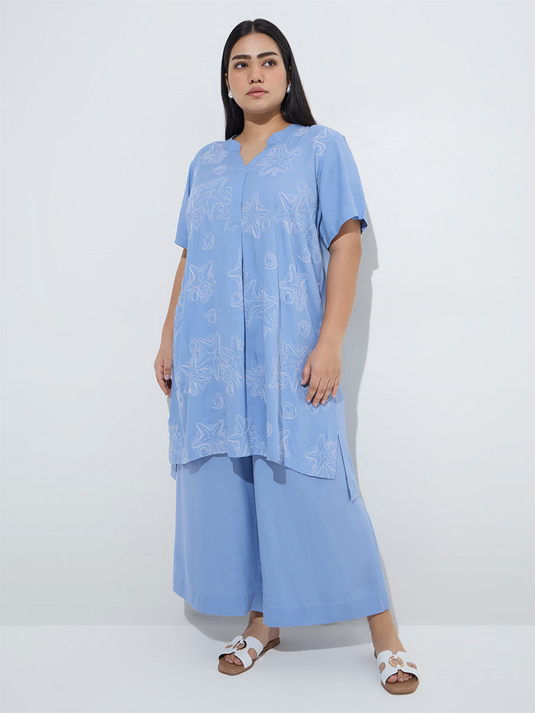 Diza Light Blue Embroidered High-Low Kurta - Image 3